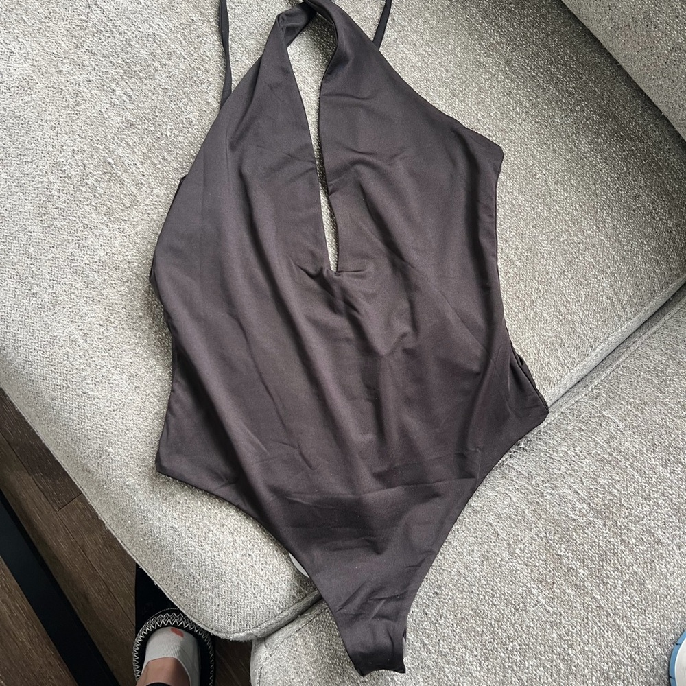 Princess Polly Black V-Neck Halter One-Piece bodysuit